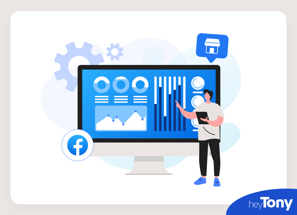 How to See Hidden Information on Facebook Marketplace graphic with HeyTony logo showing a man standing next to an iMac screen with different metrics on screen and a Facebook logo