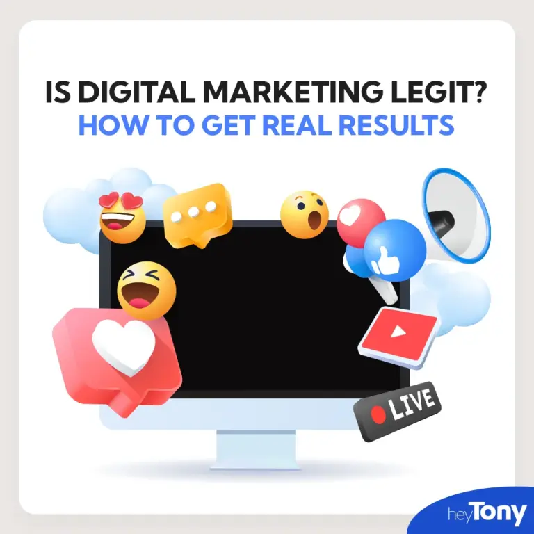 "Is digital marketing legit?" title above iMac surrounded by social media reactions and emojis