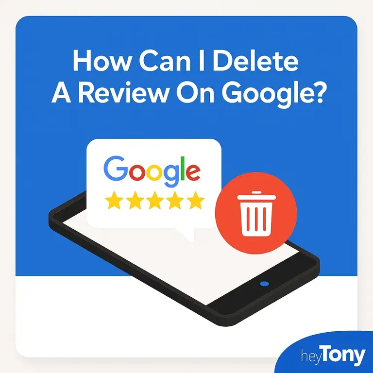 "How can I delete a review on Google" title card with a graphic of the Google logo with a star rating next to a red trash can, hovering above a smartphone