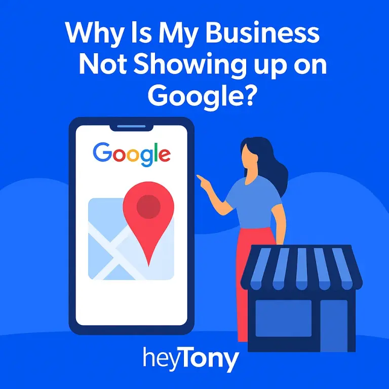 "Why is my business not showing up on Google?" title card with a woman standing next to a phone showing Google Maps
