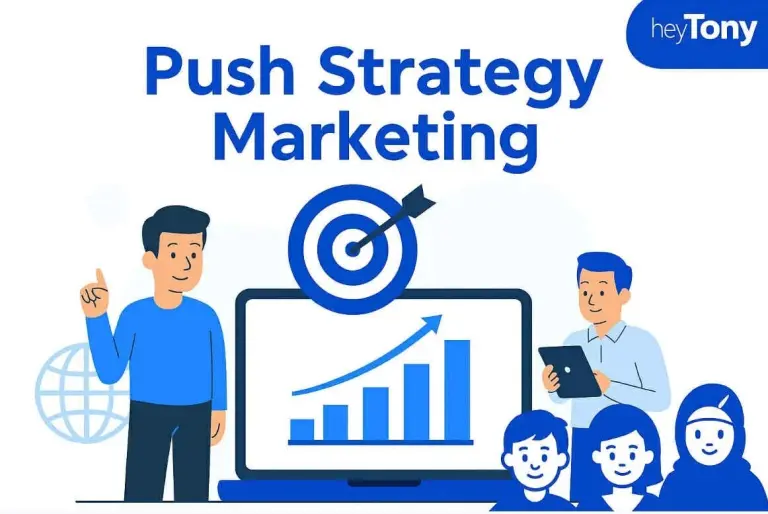 Illustration showing push strategy marketing concept with target, rising graph, and heyTony branding