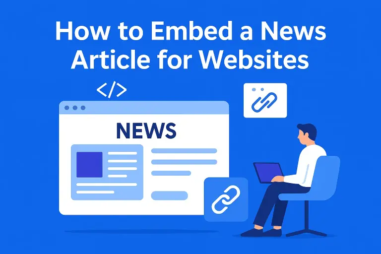 "How to embed a news article for websites" title card with embed symbols and a man typing on a laptop