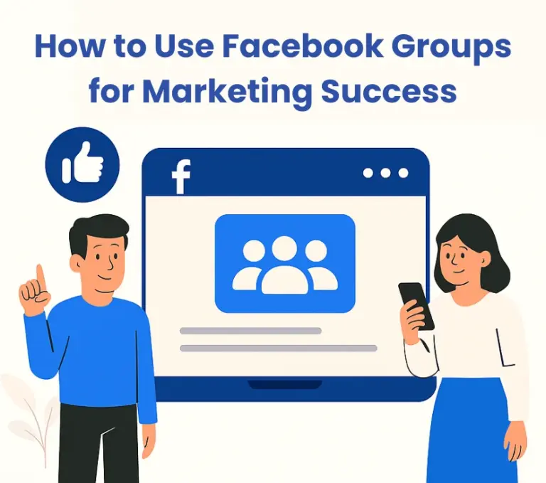 Two people standing next to large Facebook screen, one holding phone, one pointing up with like icon above and how to use Facebook groups for marketing text shown at top.