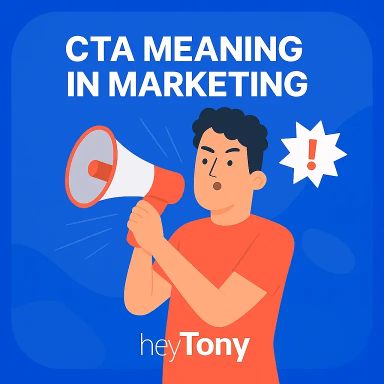 A 2d graphic of a person using a megaphone to shout, with text above that says 'CTA meaning in marketing' and a HeyTony logo below.