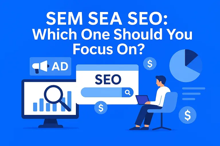 Graphic of SEM SEA SEO title card with blue colours and a graphic of a man doing digital marketing on a laptop