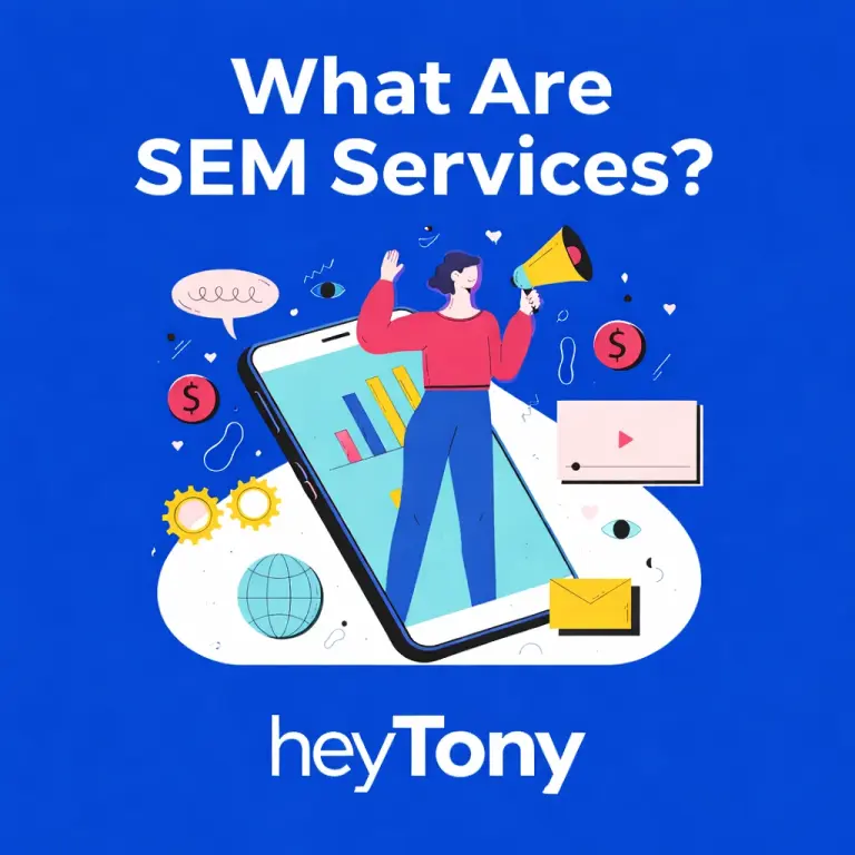 A blue background with white text that says 'What are SEM Services?". Below is a 2-D illustration of a person shouting through a megaphone, coming out of a smartphone.