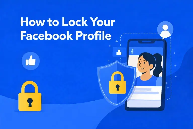 Graphic of a blue title card for how to lock your Facebook profile with illustrations of a girl using Facebook